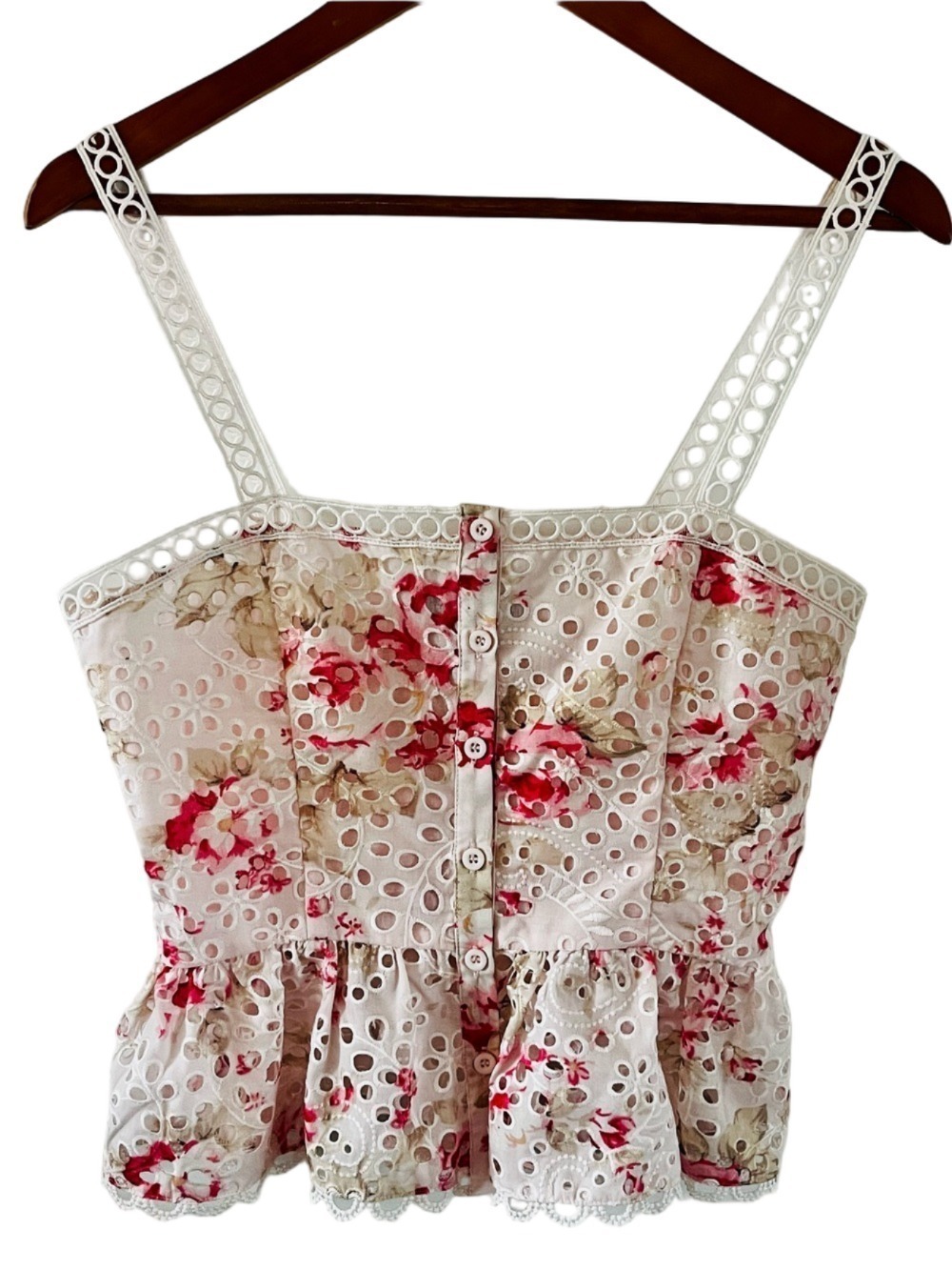 AQUA Ruffle Hem Crop Top Floral Pattern Eyelet Straps size XS by Bloomingdale’s